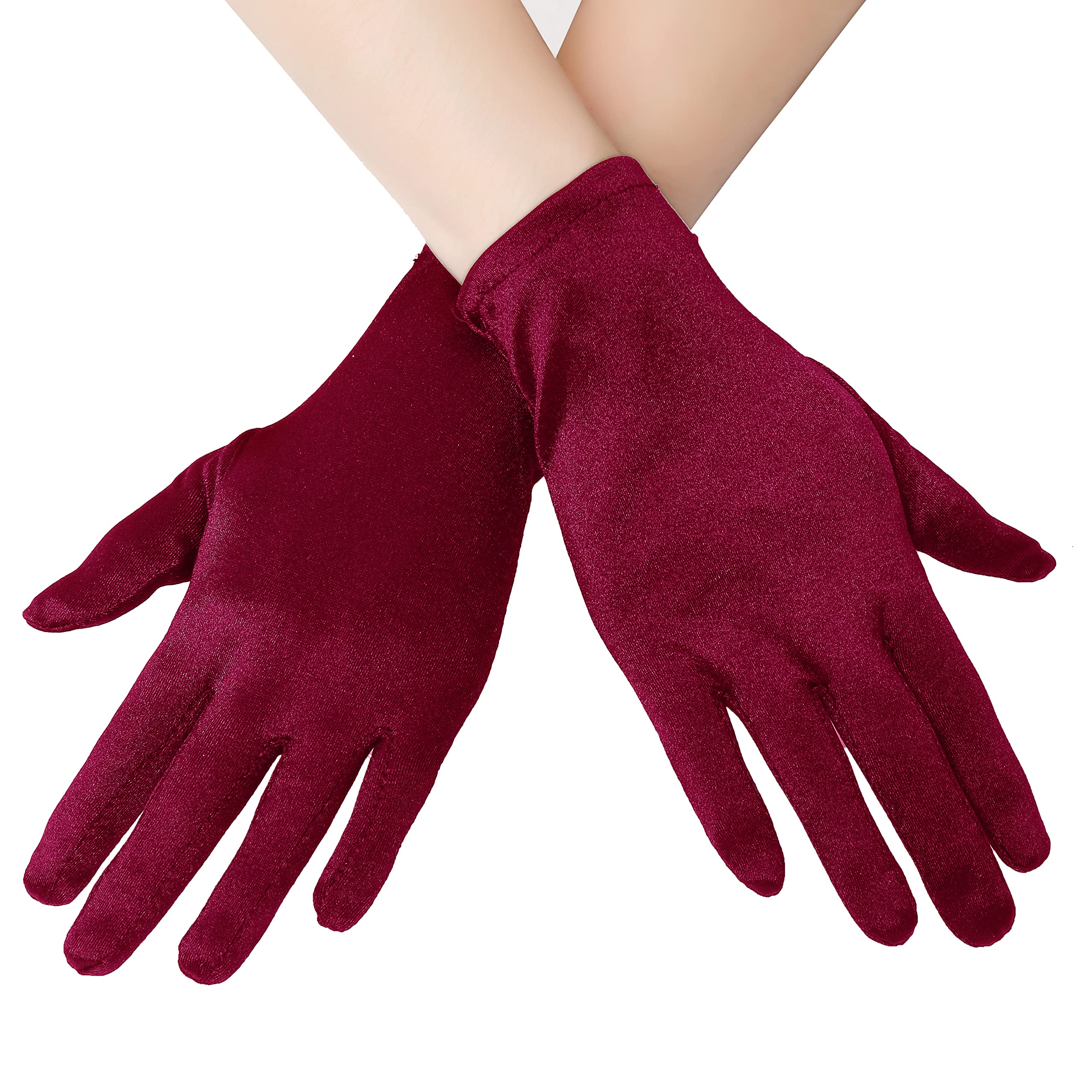 EORUBE Short Opera Satin Gloves for Women Wrist Length Banquet Gloves Tea Party Halloween Costume (Smooth 8.6" - Wine Red)