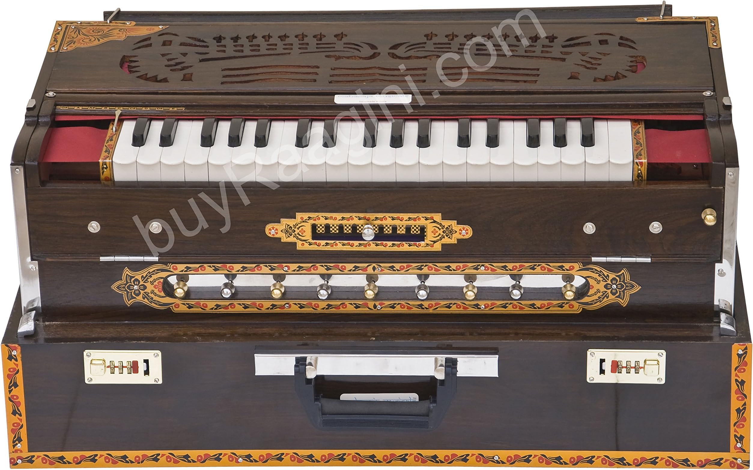 Maharaja Musicals Calcutta Harmonium, Scale Changer, In USA, Concert Quality, Triple Reed, 9 Scales - 3 3/4 Octave, Folding, Coupler, Tuned to A440, Mahogany Color, Padded Bag (PDI-BGH)