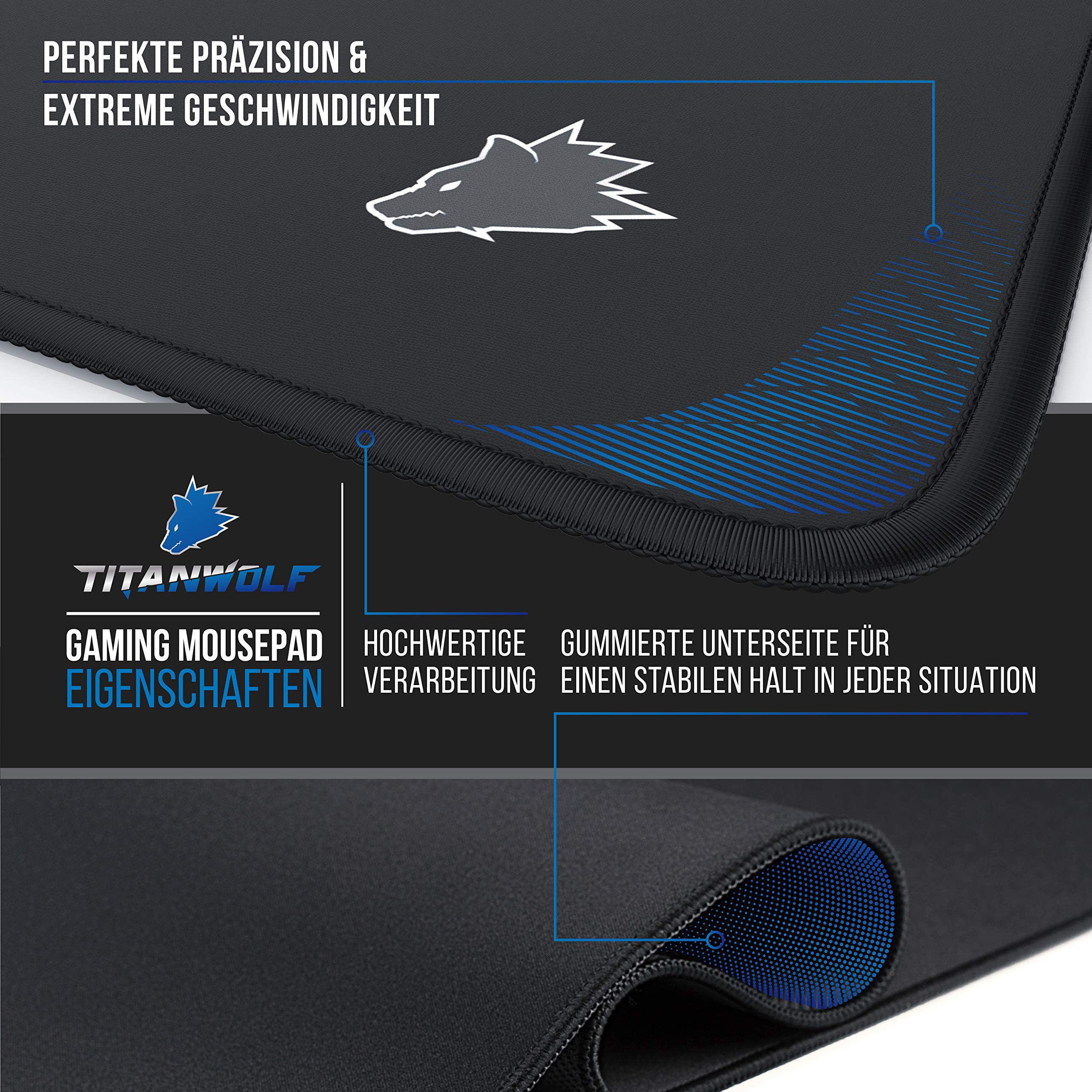 TITANWOLF - XXL Speed Gaming Mauspad Titanwolf Schwarz 900 x 400mm - XXL Mousepad - Tischunterlage Large Size - verbessert Präzision und Geschwindigkeit 3