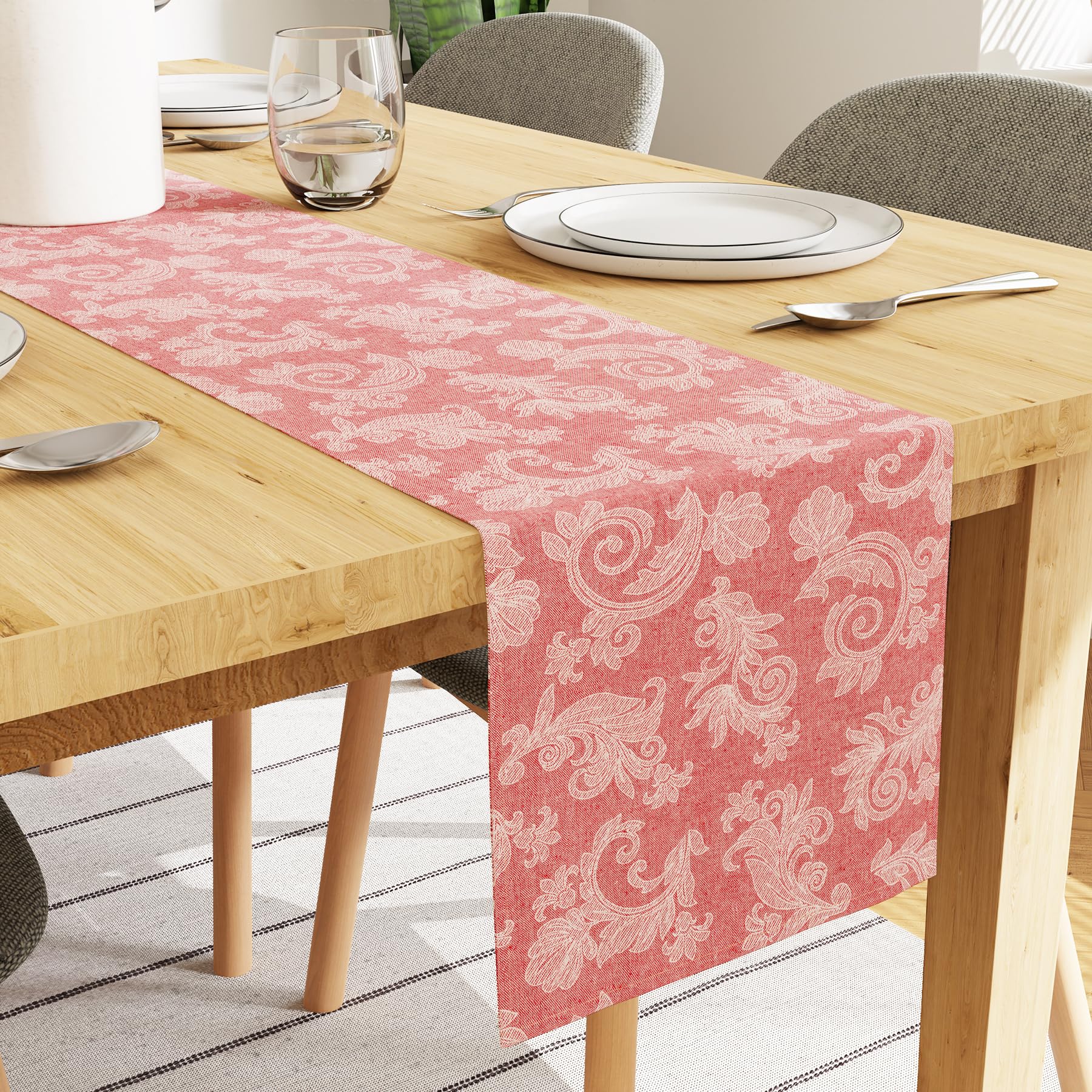 Encasa XO Dining Table Runner for 8 to 10 seater I Size 32x304 cm | - Floral Red Jacquard Style Print on Homespun Cotton | Fast Colours, Machine Washable