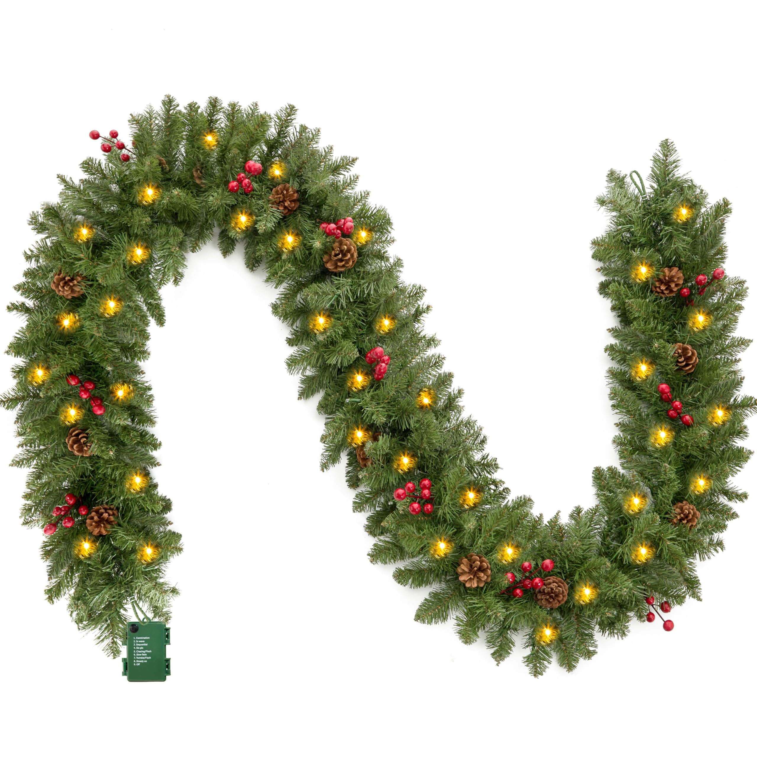 Photo 1 of Joiedomi 9Ft Christmas Garland Prelit with Lights, 100 Warm White LED, 27 Pine Cones, 27 Red Berries for Home & Office Christmas Indoor and Outdoor Decorations (Battery Powered, not Included)