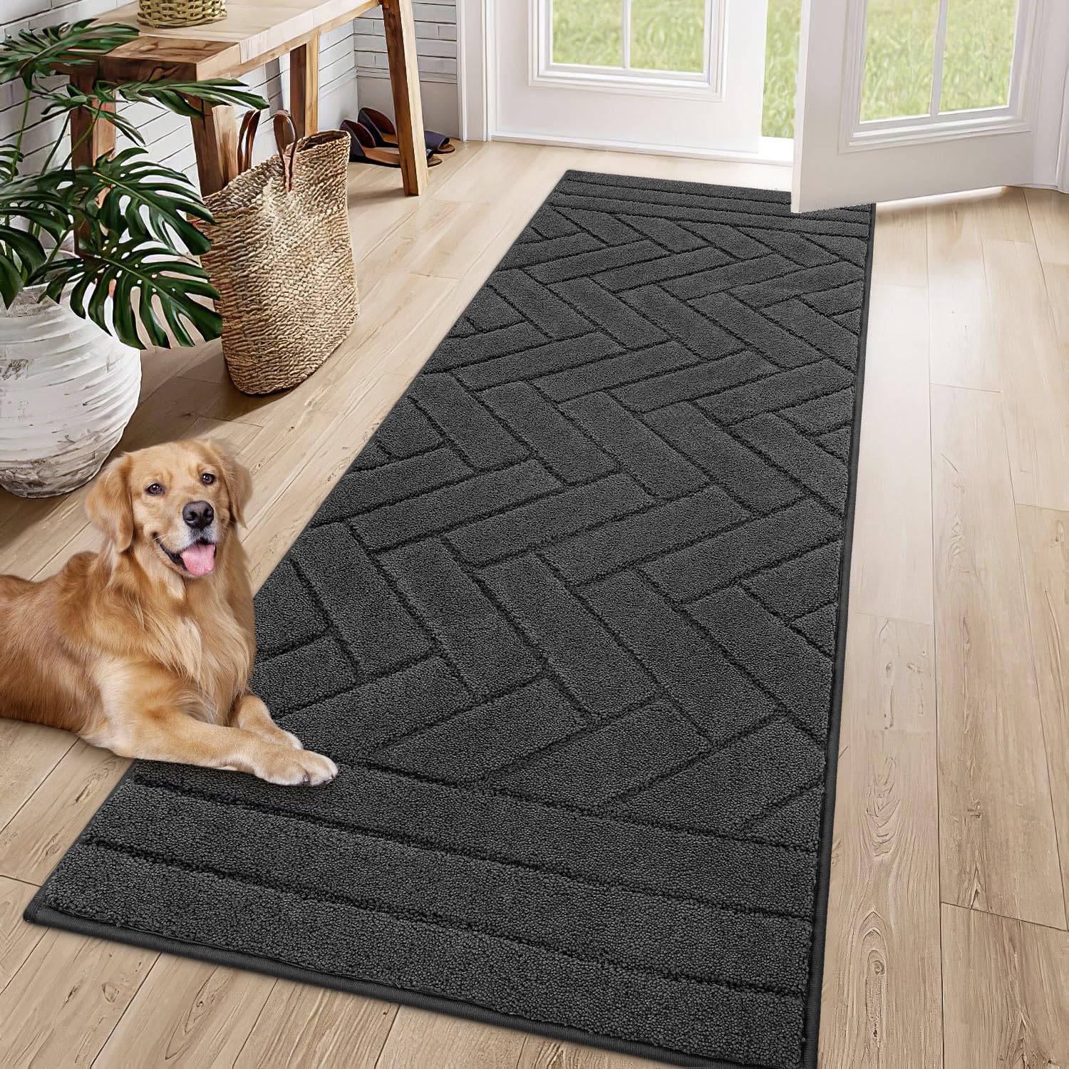 Photo 1 of Tindbea Dog Mat for Muddy Paws,Absorbs Moisture Dirt Non-Slip Washable Mud Mat for Dogs,Soft Rubber Backing Front Inside Pet Rug for Entryway, Mud Dog Paws, Patio(24"x59",Charcoal)