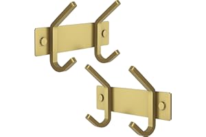 SAYONEYES Brushed Gold Coat Rack Wall Mount with 2 Double Hooks for Hanging – 6 Inch Heavy Duty SUS304 Stainless Steel Rustic Coat Hooks – Hat, Clothes, Purse, Towel Wall Hooks – 2 Pack