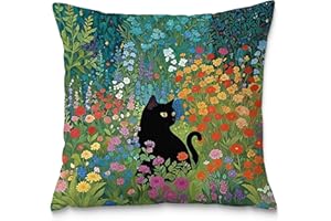 Fuasei Floral Black Cat Pillow Covers 18x18, Cats Lovers Lady Gifts, Cat Mom Grandma Gifts, Cats in Colorful Wildflower Decorative Pillow Covers for Home Bedroom Living Room Office Decor