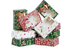 JOYIN 24 PCS Christmas Foil Treats Cookie Gift Boxes (8.75" x 5.75" x 2.75") Colorful Pattern Bakery Box with Window for Xmas Holiday Birthday Party Pastries, Cupcakes, Brownies, Donuts Gift-Giving