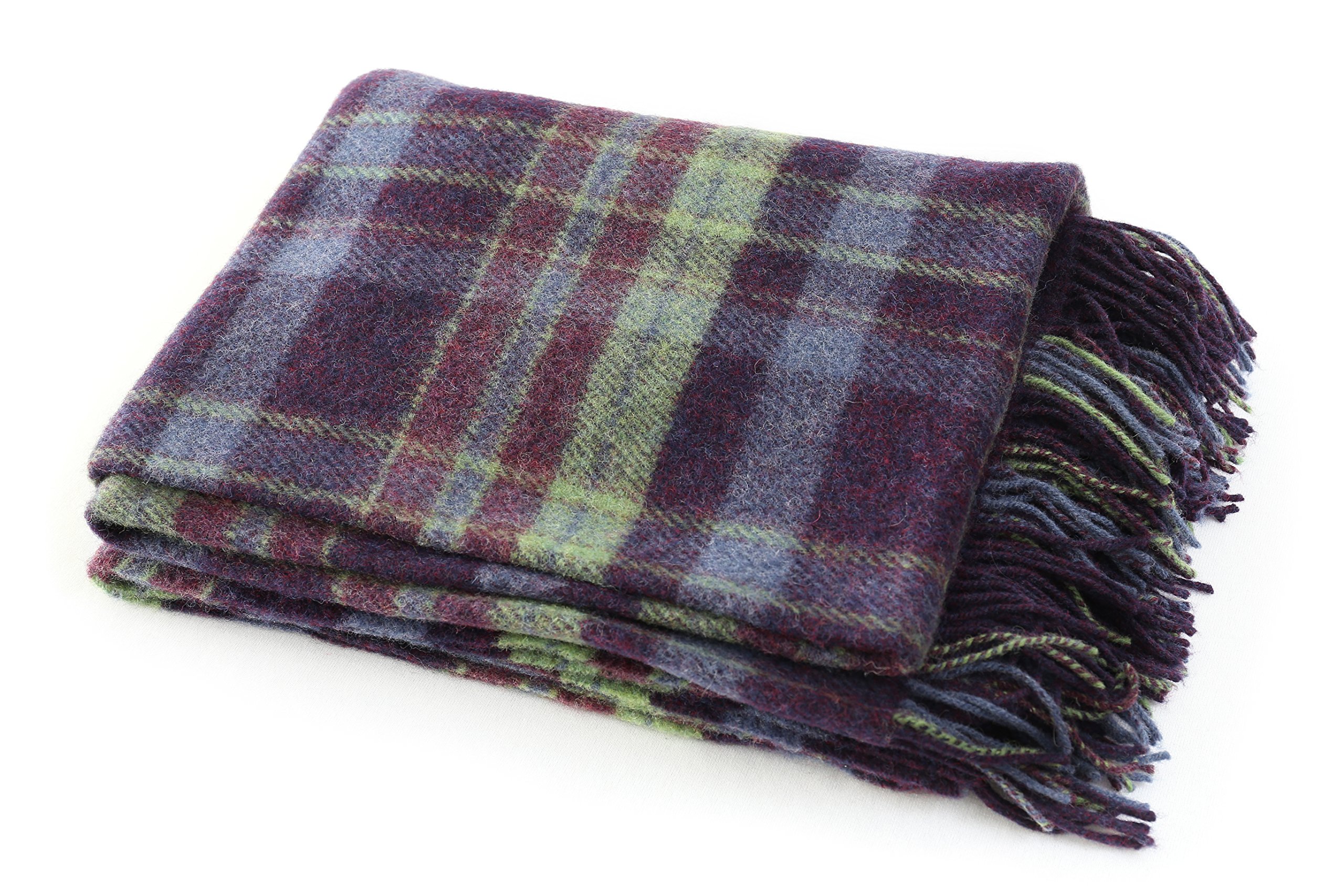 John Hanly Plaid Throw Blanket Wool 75" x 54” Purple Green Plaid Irish
