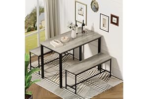 Nacvmry 4 Person Dining Table Set, 43.3in Kitchen Table Set with 2 Benches for 4-6, Nesting Furniture Set for Dining Room Restaurant Small Spaces Pub Bar Bistro Dinette Breakfast Nook, Grey Black