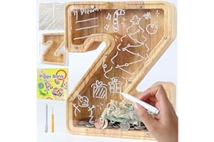 weallbuy Large Letter Piggy Bank for Kids Boys Girls Wooden Personalized Piggy Banks A-Z with Target Area Clear Alphabet Banknote Coin Banks for Gift Decoration Baptism (Z)