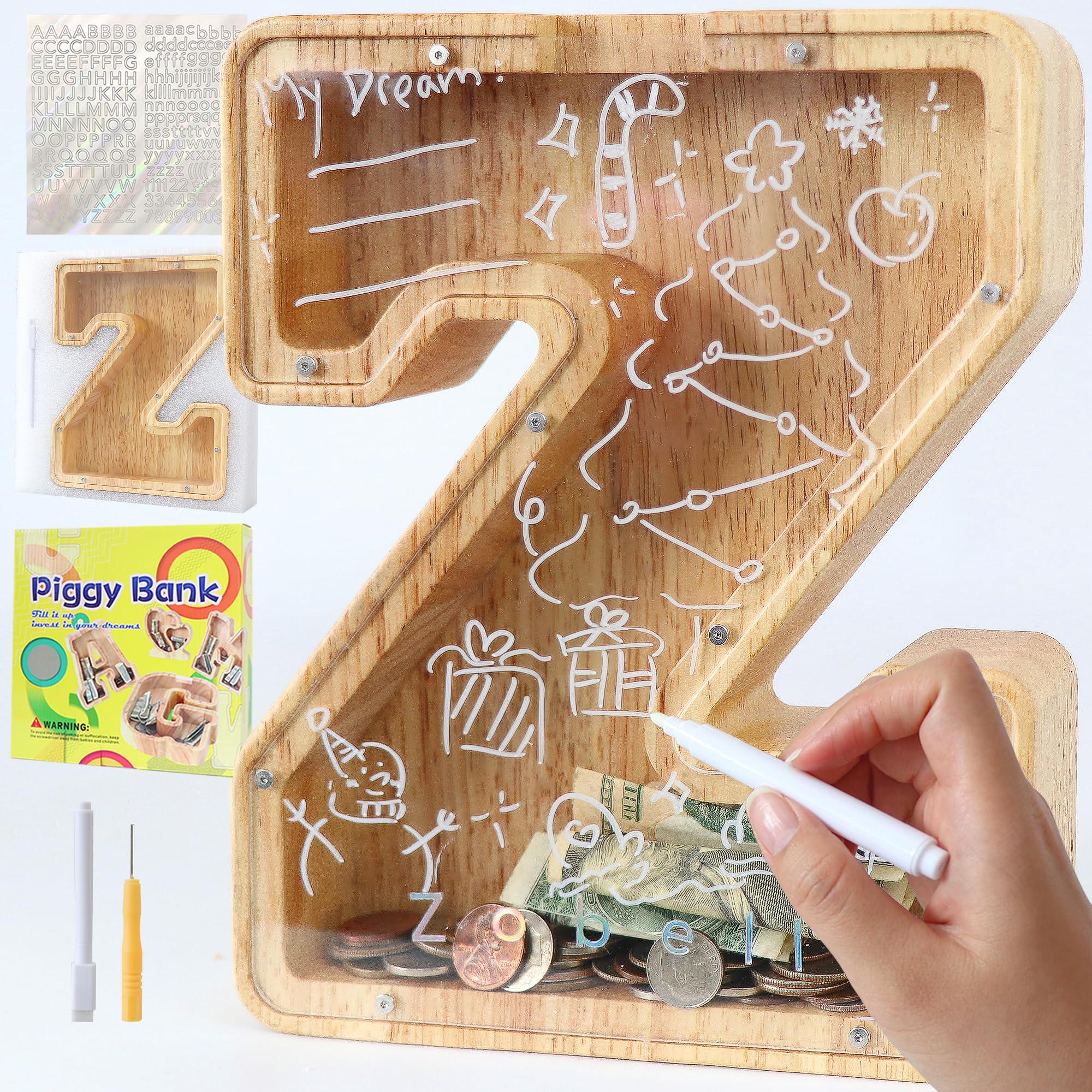 Mikytoper Letter Money Box for Kids Large Wooden Personalized A-Z Piggy Bank Clear Alphabet Money Bank Coin Bank for Gift Decoration Baptism (Z)