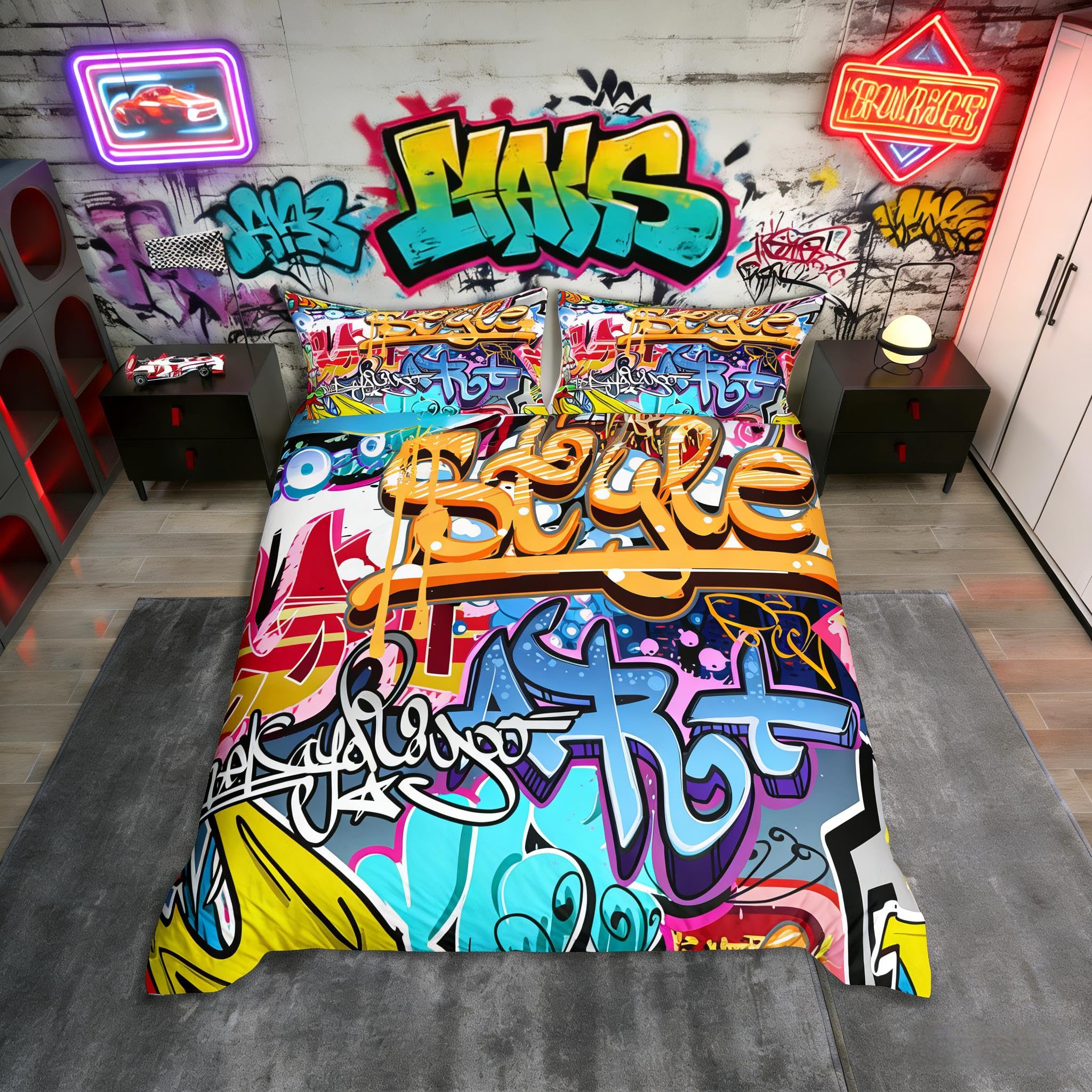 Hippie Graffiti Comforter Cover Set Single for Kids Boys Youth Duvet Cover Modern Bedclothes Wall Urban Street Art Bedspread Cover with 1 Pillow Shams Zipper&Ties Personalized