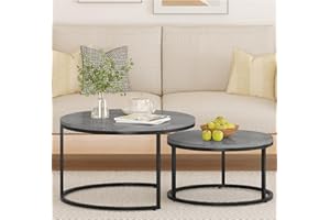 Yusong Round Coffee Tables Set of 2, Nesting Tables Modern Living Room Center Table with Grey Marble Pattern Wood Tabletop and Black Metal Frame for Bedroom Balcony Yard