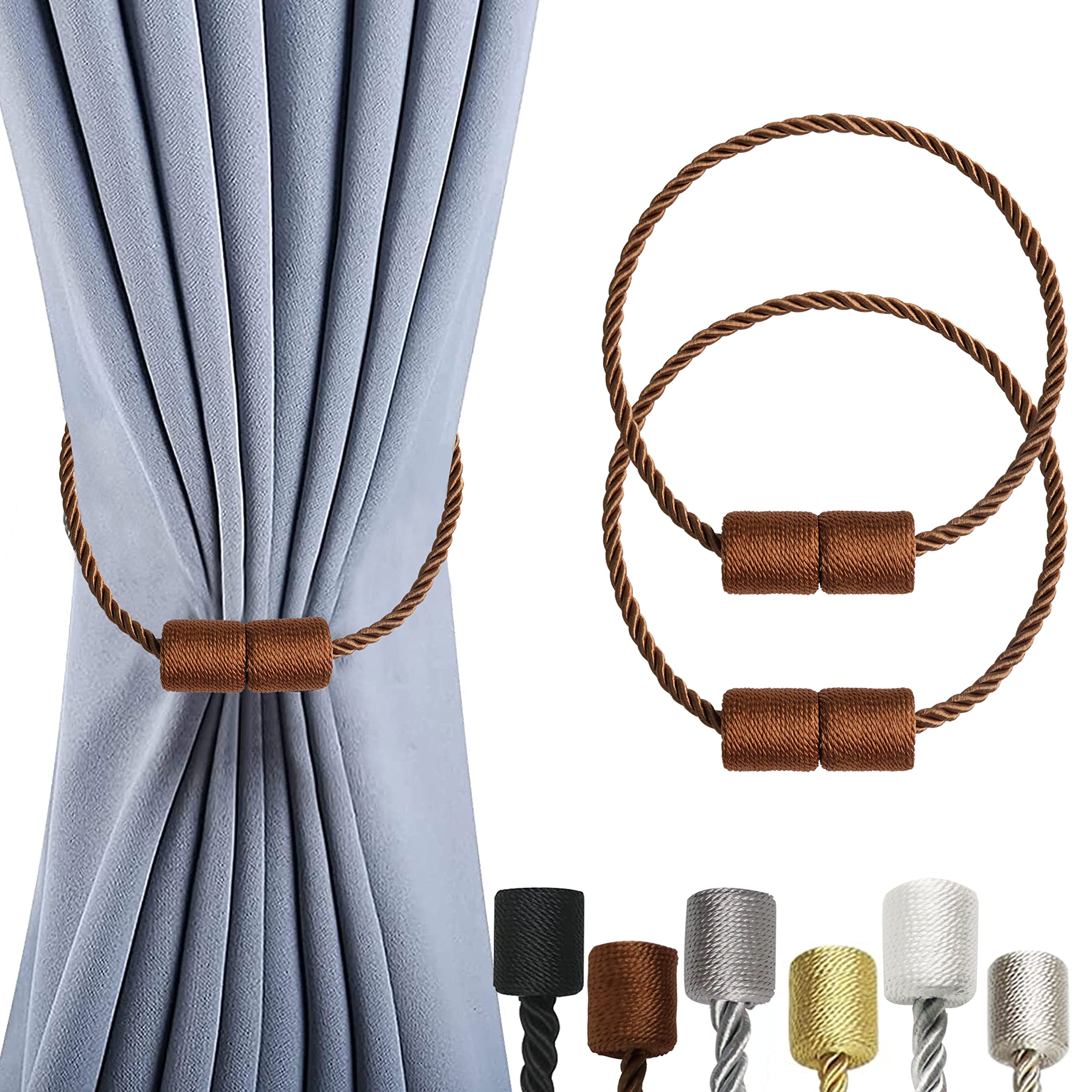 OCIOLI 2 Pack Magnetic Curtain Tiebacks Curtain Holdbacks Curtain Tiebacks Curtain Ties with Thicker Twist Rope & Strong Magnet Tie Backs for Curtains (Coffee, 2)