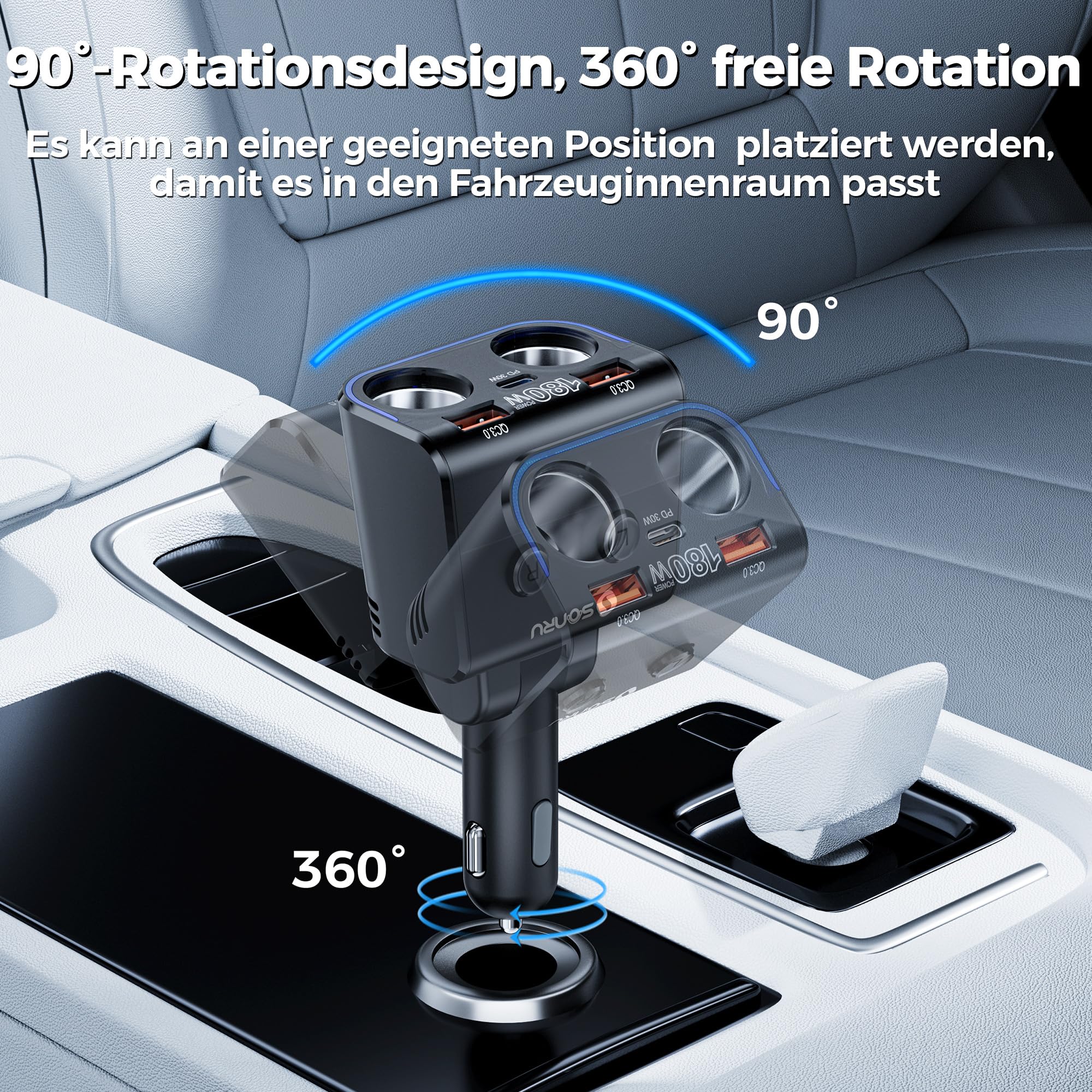 SONRU180W Zigarettenanzünder Verteiler 5 in 1, 24/12 Volt Steckdose Auto Ladegerät KFZ Doppelsteckdose Adapter mit Zwei USB Typ-C Schnellladeanschluss 4
