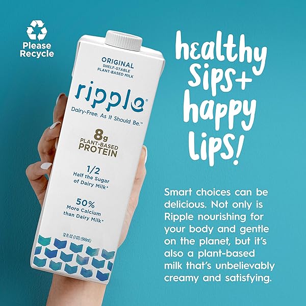 RIPPLE NON-DAIRY MILK, ORIGINAL, 32OZ | VEGAN MILK WITH 8G PEA PROTEIN PER SERVING | SHELF STABLE | BETTER FOR YOU, BETTER TASTING TOO | NON GMO, PLANT BASED, GLUTEN FREE, NUT FREE, SOY FREE