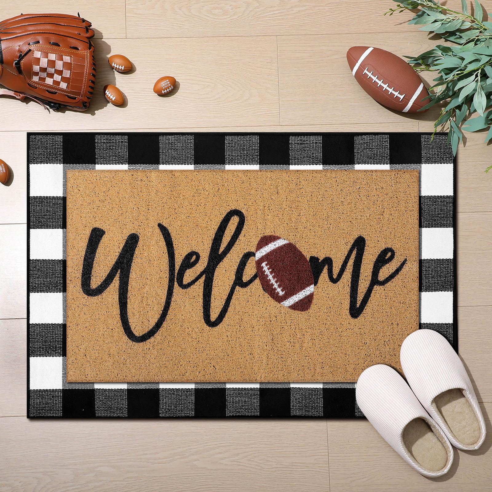Photo 1 of Tinideya 2 Pcs Football Door Mat Welcome Non Slip Coir Mats Funny Black White Buffalo Plaid Floor Layering Doormats Seasonal for Front Porch Entryway Decor(Football)