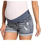 Foucome Women's Maternity Ripped Jean Shorts Roll Hem Denim Shorts Pregnancy Summer Shorts