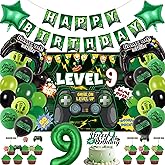 Video Game Birthday Decorations Boys - 38 Pcs Green Level Up 9th Gaming Party Banner Backdrop Foil Balloons Cake Cupcake Toppers Decor Kits For 9 Year Old Party Supplies
