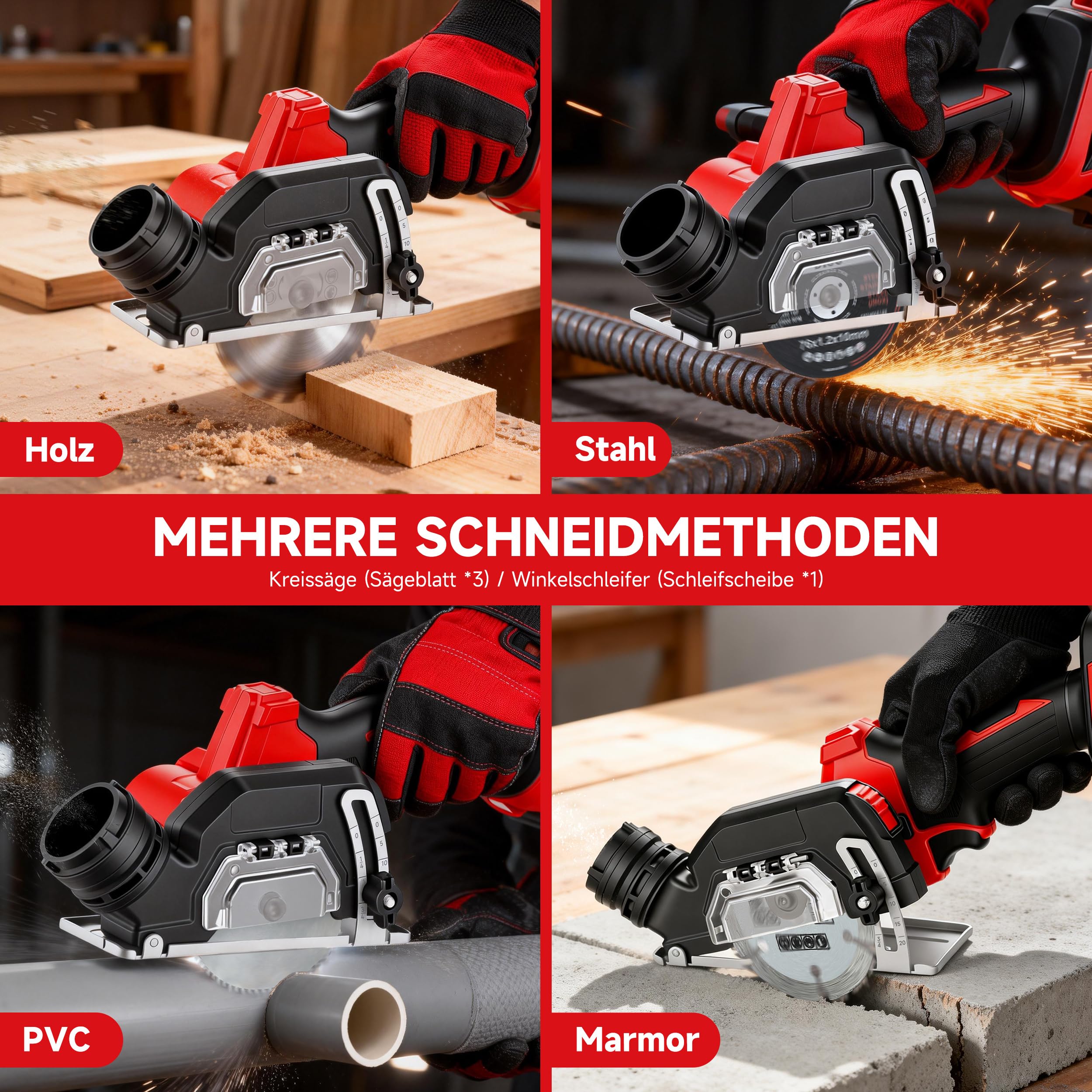 TEENO Akku-Mini-Handkreissäge, Akku Handkreissäge mit LED-Leuchte, 2x 4,0Ah-Akkus, Einstellbarer Schnittwinkel, 20000 U/min, 3 Sägeblätter inklusive Schleifscheibe für Metall, Holz und Fliesen 8