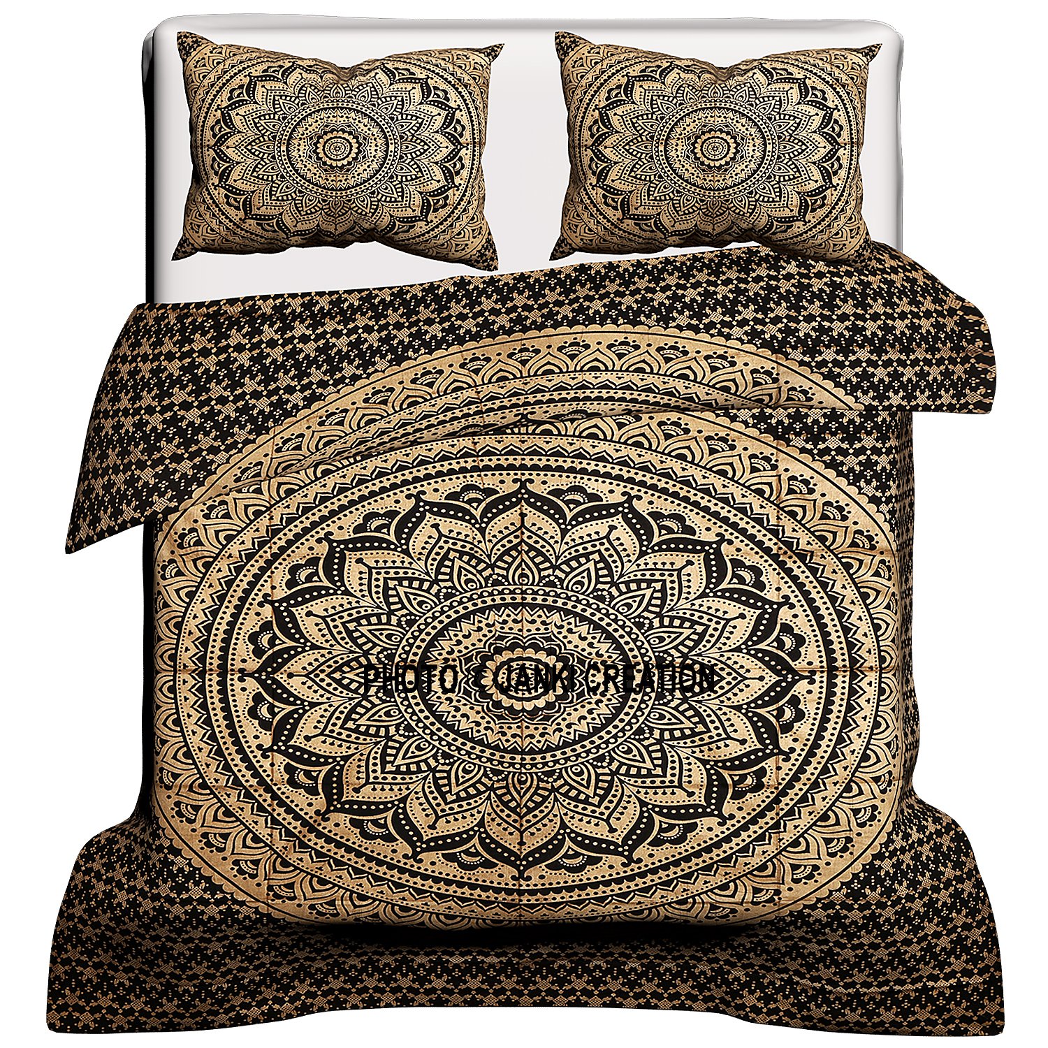 Janki Creation Black Gold Ombre Mandala Comforter Cover Queen Bedding Throw  Indian Duvet Cover Pillow Case Bohemian Throw (80X82) Inches, Bohemian - Main Image