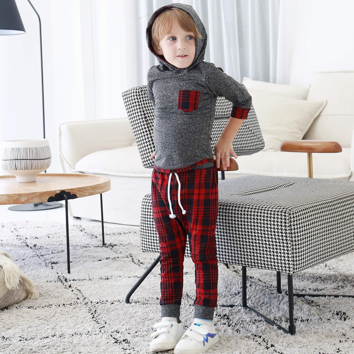 Toddler Infant Baby Boy Clothes Outfit Plaid Long Sleeve Hoodie Sweatshirt Pants Fall Winter Clothes Set for Baby Boy: Clothing