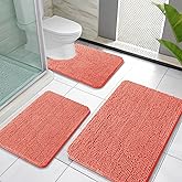 OLANLY Bathroom Rugs Sets 3 Piece, Soft Absorbent Chenille Bath Mats and U-Shaped Contour Toilet Rug, Quick Dry, Home Decor Accessories, Bath Mat Set for Bathroom (30"x20"+24"x16"+24"x20", Coral)