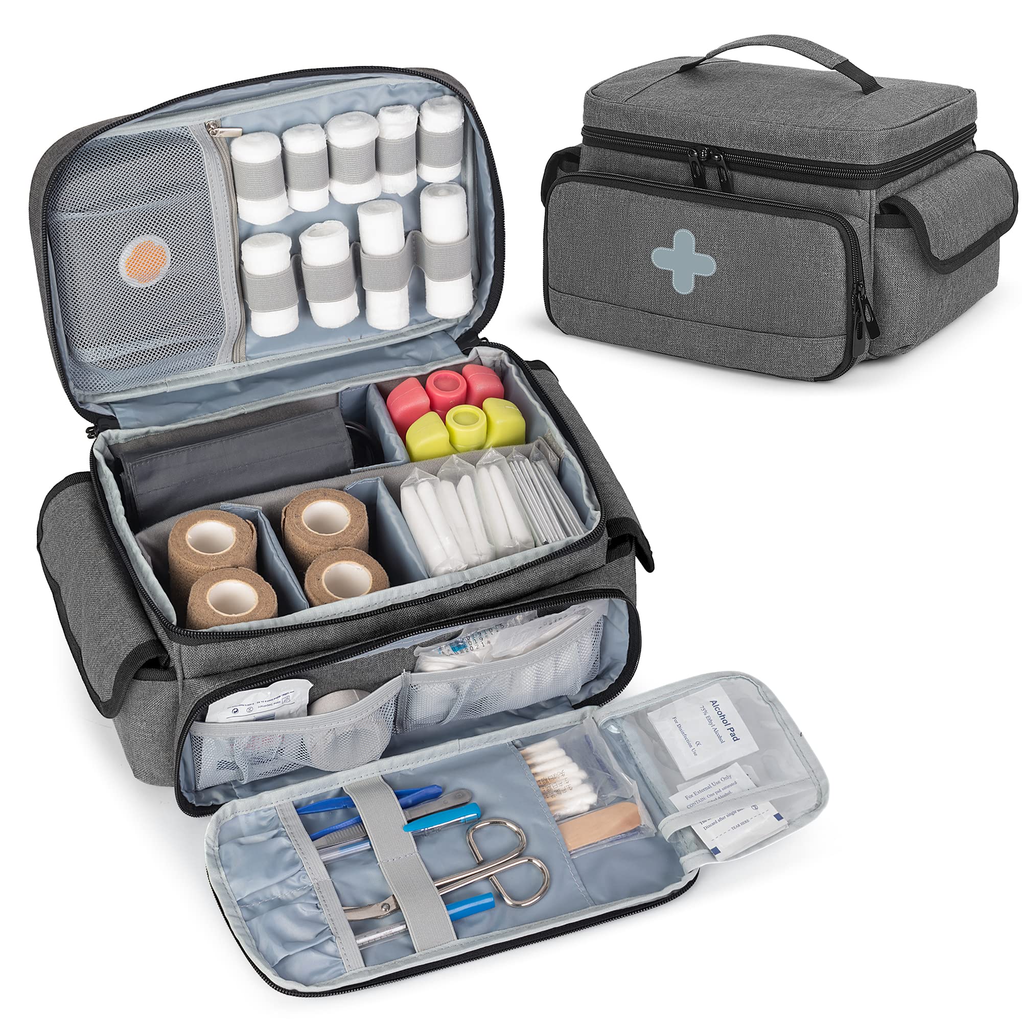 CURMIO Small First Aid Bag Empty, Family First Aid Kit Organiser Case with Mini Travel Medicine Pouch, Medicine Storage Bag for Home and Travel, Grey (Patent Pending)
