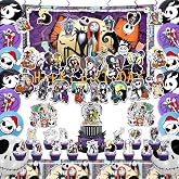 162 pcs Jack and Sally Birthday Decorations, Nightmare Party Supplies Kit for Kids Adults Includes Banner, Backdrop, Balloons, Tablecloth, Stickers and Temporary Tatoos, Hanging Swirls & Cake Topper