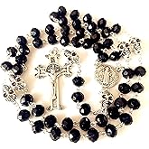 Black Crystal Beads Saint Benedict Rosary Necklace Skull Father beads and Italian Crucifix Catholic Gift & Box