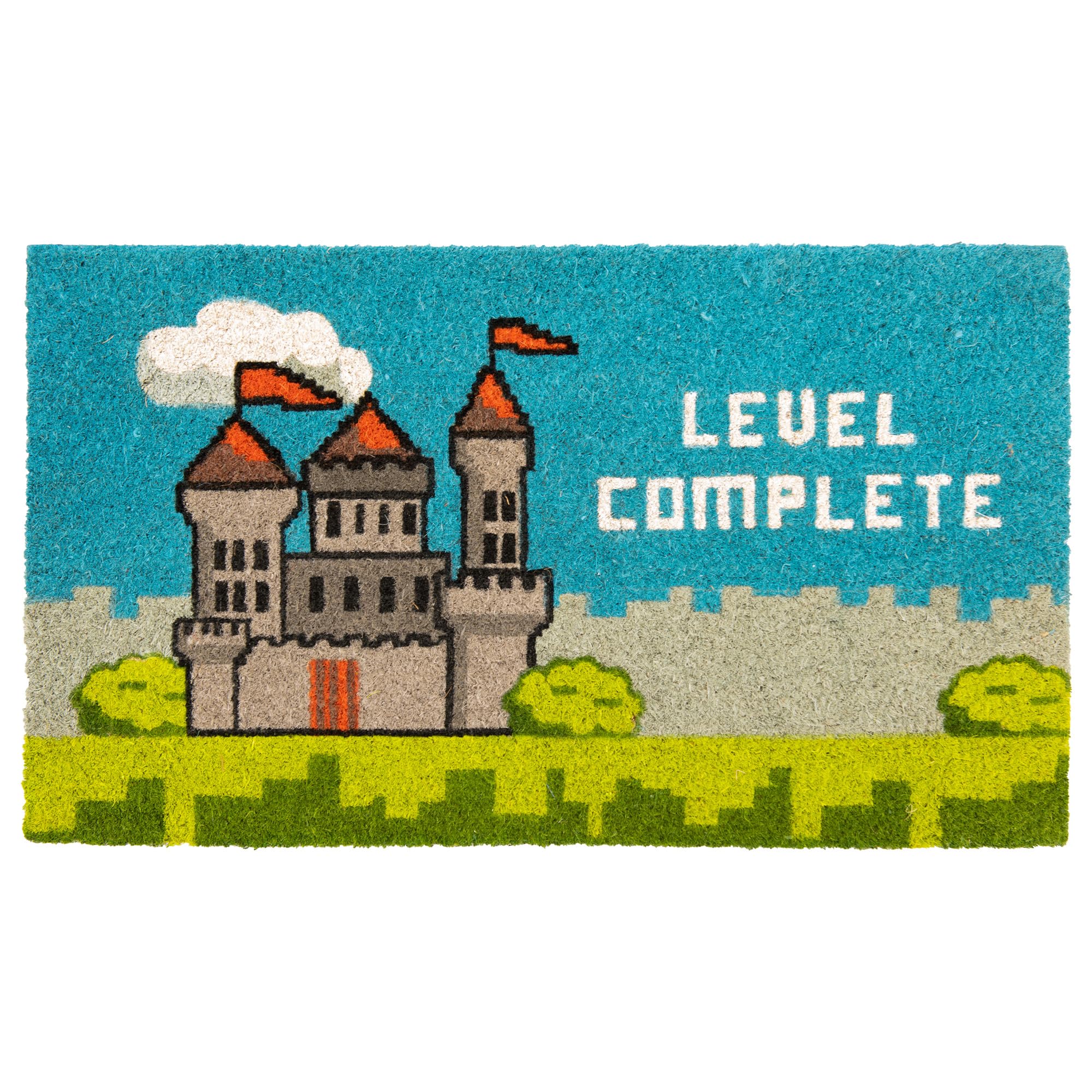 Fisura - “Level complete” Coir Door Mat, Dirt Trapper Doormat with Non-Slip PVC Backing, Indoor & Outdoor Front Door Entrance Mat. Hand Painted. 27x15 inch — image 1