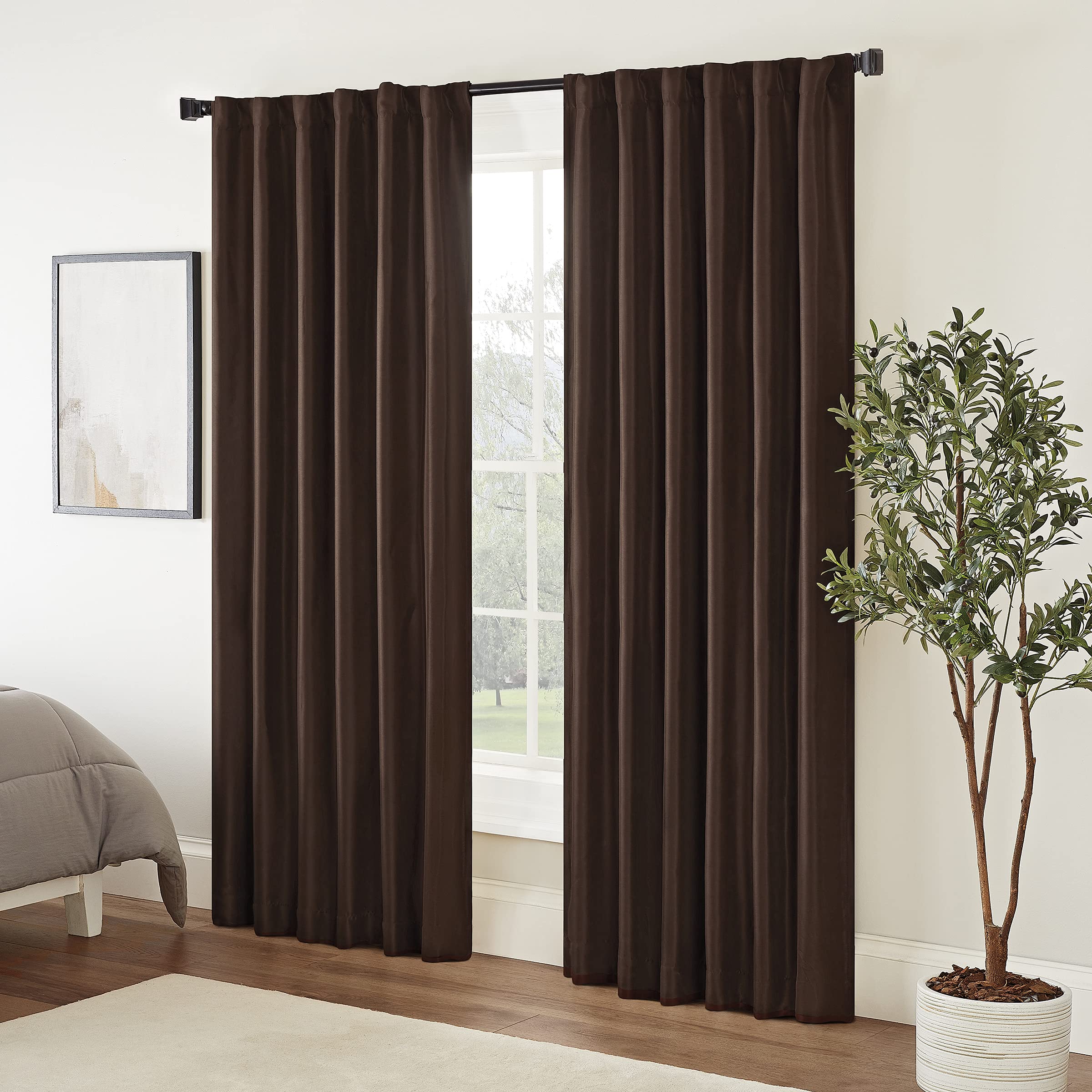 Eclipse Fresno Modern Blackout Thermal Rod Pocket Window Curtain for Bedroom (1 Panel), 52 in x 108 in, Espresso