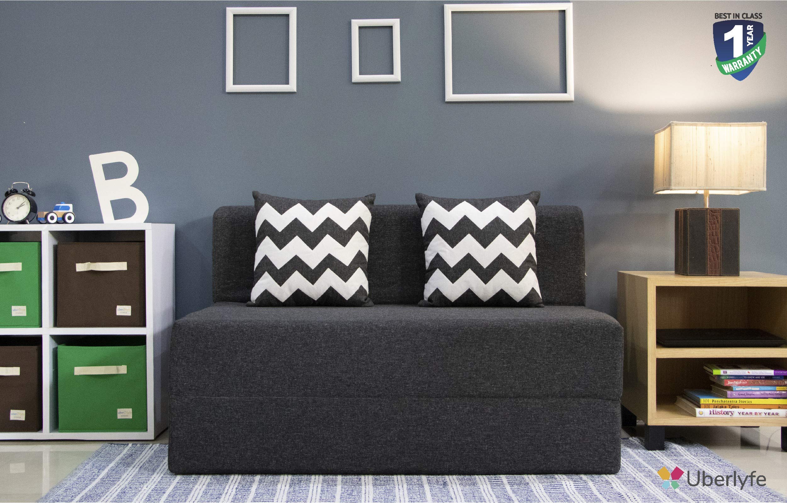 uberlyfe 2 Seater Sofa Cum Bed | Jute Fabric Washable Cover | 2 Cushions Zigzag Pattern | Dark Grey | 4' X 6' Feet
