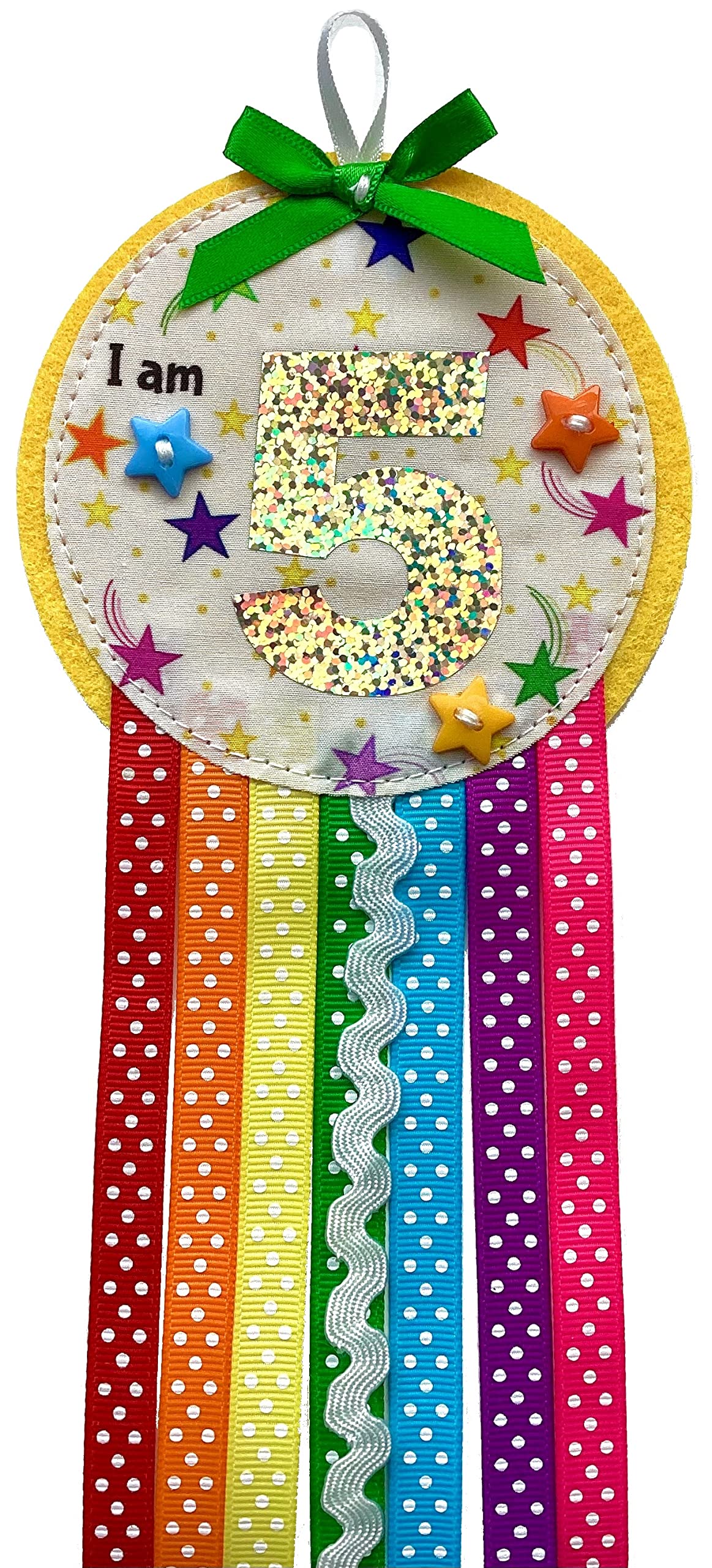 Ditsy Rosettes Rainbow Birthday Rosette Badge - Age 3, 4, 5, 6, 7, 8, 9 - Perfect Party Gift card – Birthday Boy, Birthday Girl (STARS - Age 5)