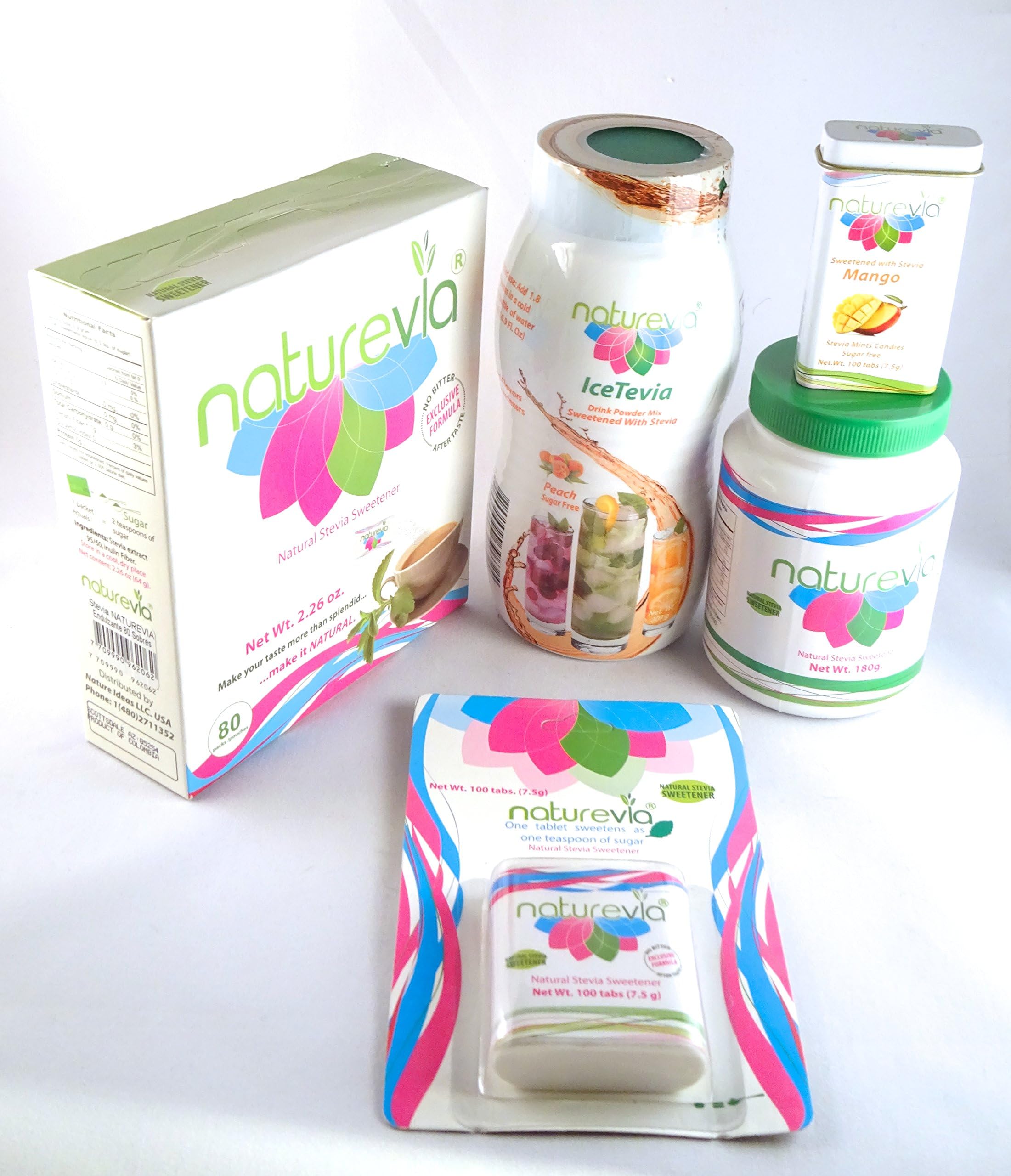 Naturevia Stevia Sweetener Bundle Stevia Kit of 1 Iced Tea, 1 Box of 80 counts packets, 1 Tablet dispenser 100 counts, 1 Naturevia stevia Mints candies, 1 Jar of 180 g powder, No aftertaste , No sugar, with inulin, excellent taste stevia.