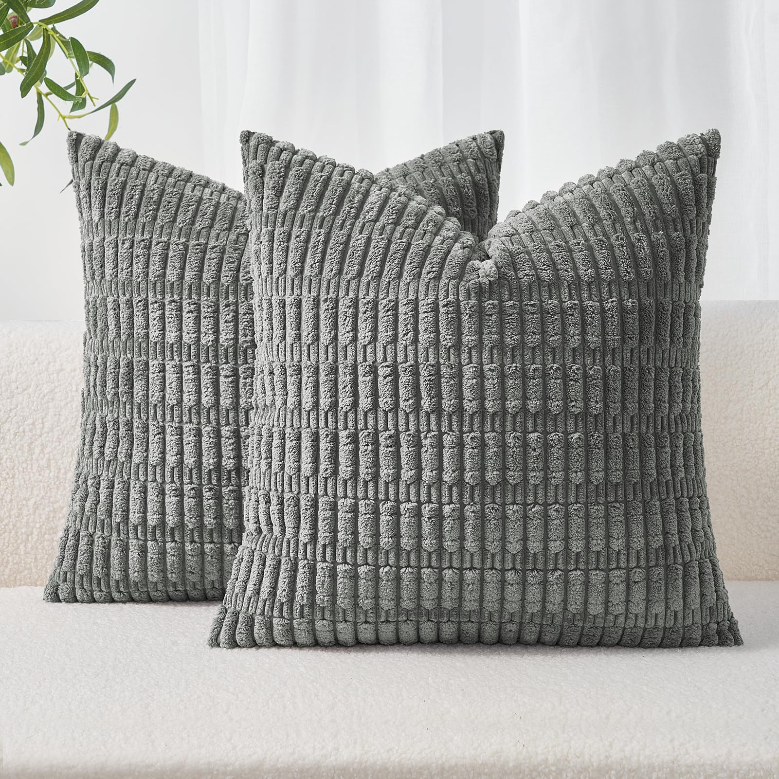 Topfinel Dark Grey Corduroy Cushion Covers 45x45 cm 18x18 Inch Pack of 2 Decorative Throw Pillow Cases with Invisible Zipper Soft Sofa Cushion Covers for Living Room Bedroom Sofa Bed