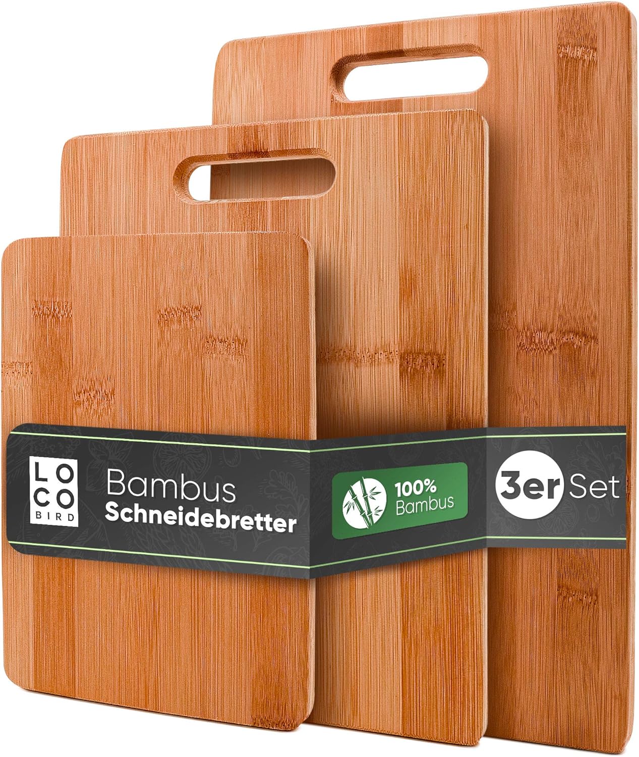 Loco Bird massive Bambus Schneidebretter 3er Set - 33x22cm / 28x22cm / 15x22cm - Holz-Brett für die Küche - Holzschneidebrett - Antibakterielles Schneidebrett aus Holz