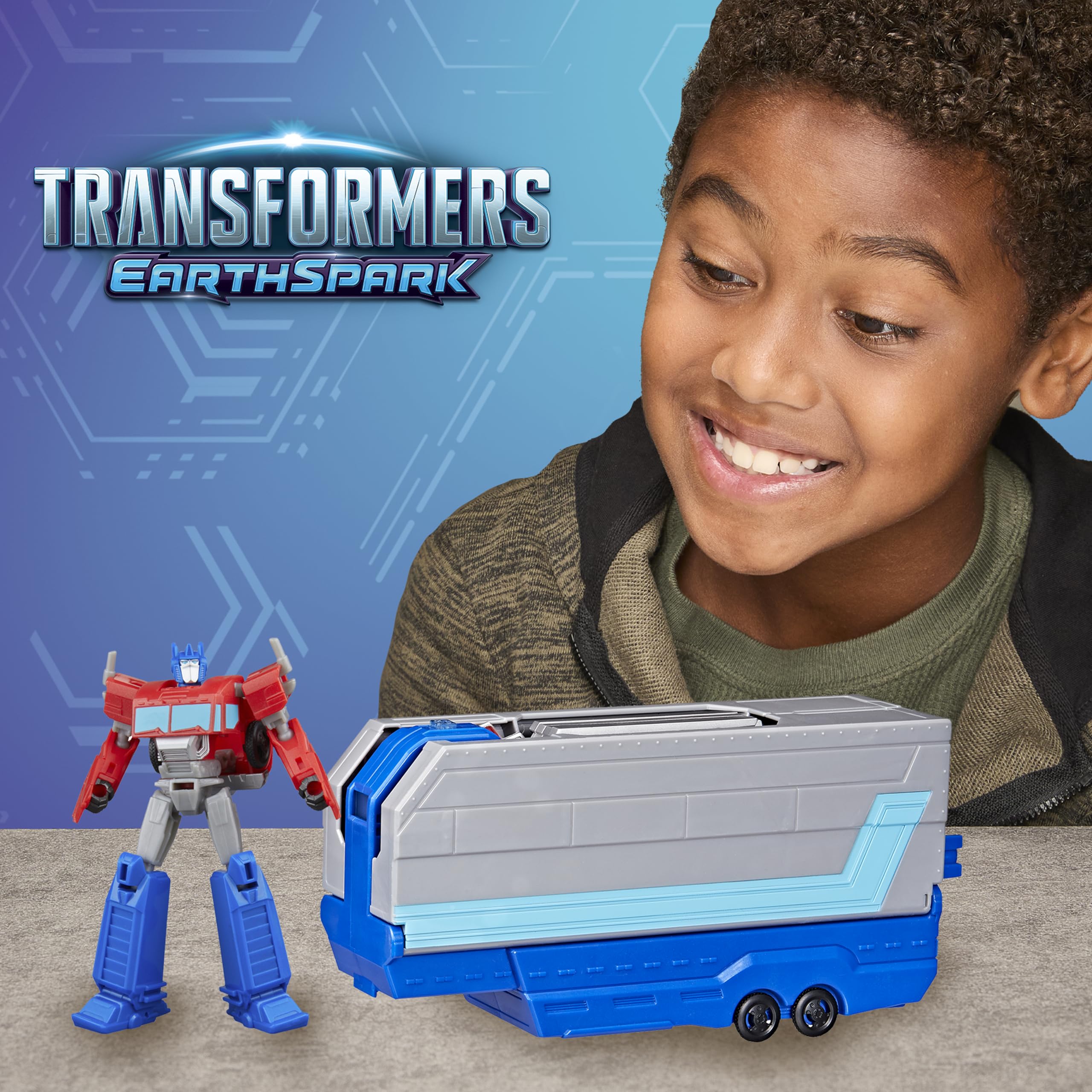 Transformers EarthSpark Optimus Prime Battle Trailer Playset with Action Figure, Lights and Sounds, Electronic Truck Toys for Kids 6 and Up