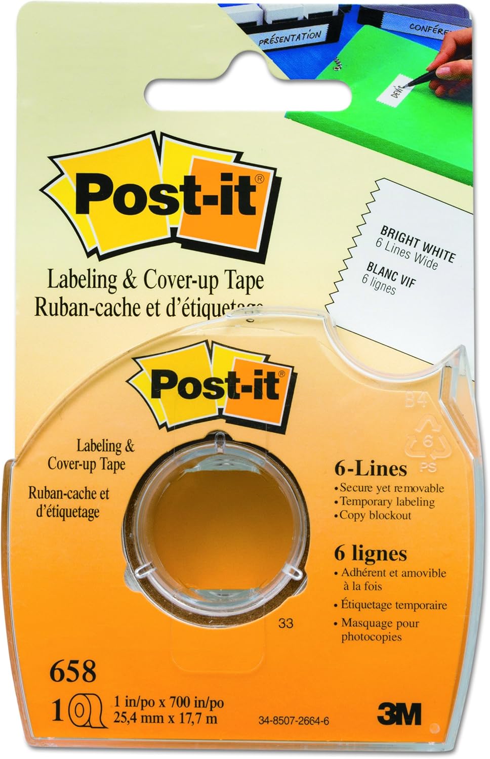 Post-it 658 Labeling & Cover-Up Tape, Non-Refillable, 1" x 700" Roll : Post It Label Roll : Office Products