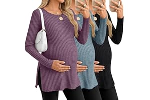 Ficerd 3 Pack Women's Maternity Shirts, Ribbed Long Sleeve Pregnancy Sweaters Crew Neck Slit Side Knit Pregnant Tunic Tee Top