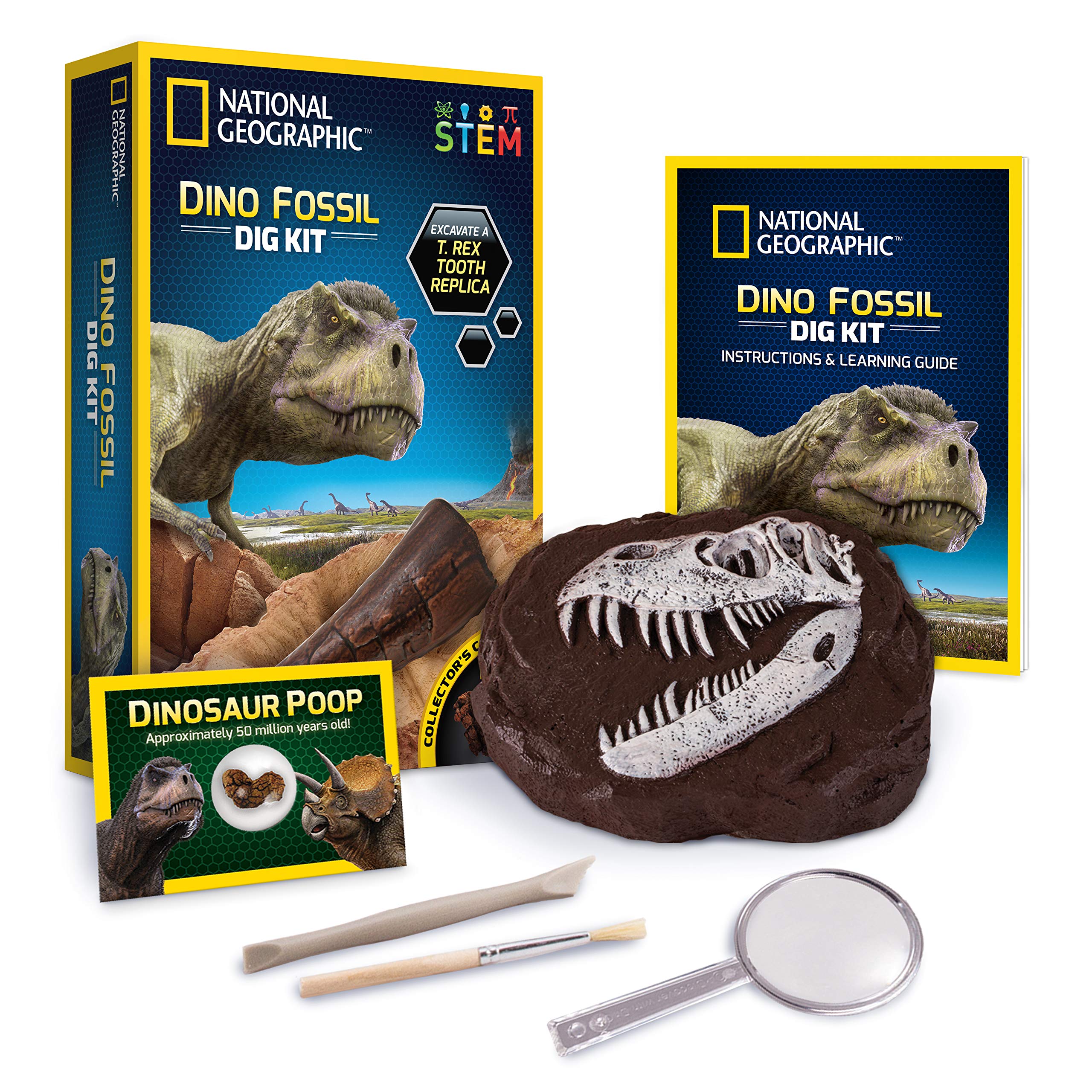 Photo 1 of NATIONAL GEOGRAPHIC Dino Fossil Dig Kit - Dig Up a T.Rex Tooth Replica, Includes a Genuine Dinosaur Coprolite, Science Archaeology Paleontology Gifts for Boys and Girls