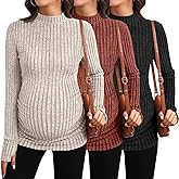 Sweetyweee 3 Pack Women's Maternity Shirts Mock Turtleneck Long Sleeve Ribbed Pregnancy Tops with Thumb Hole Mama Clothes