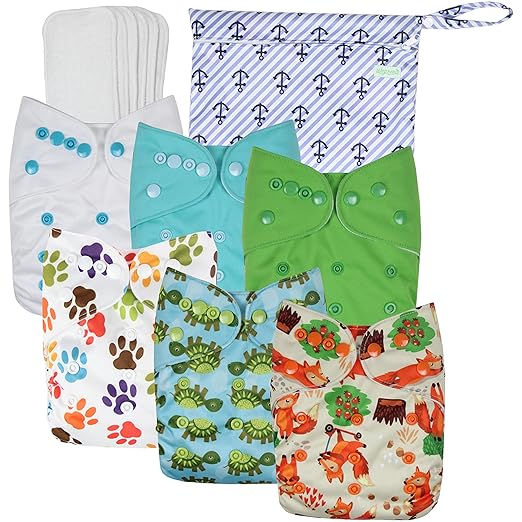 Wegreeco Washable Reusable Baby Cloth Pocket Diapers 6 Pack + 6 Bamboo Inserts (with 1 Wet Bag,Neutral Prints)