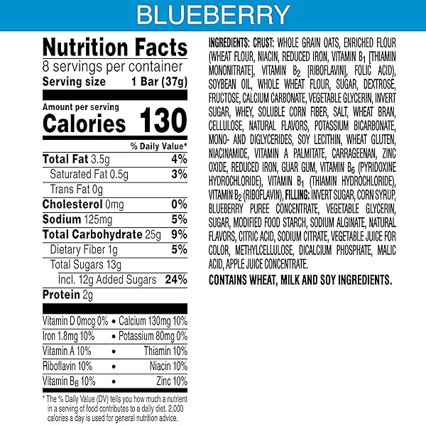 NUTRI-GRAIN BREAKFAST BARS, MADE WITH 10G WHOLE GRAINS, SNACK BARS, BLUEBERRY, 10.4OZ BOX (8 COUNT)