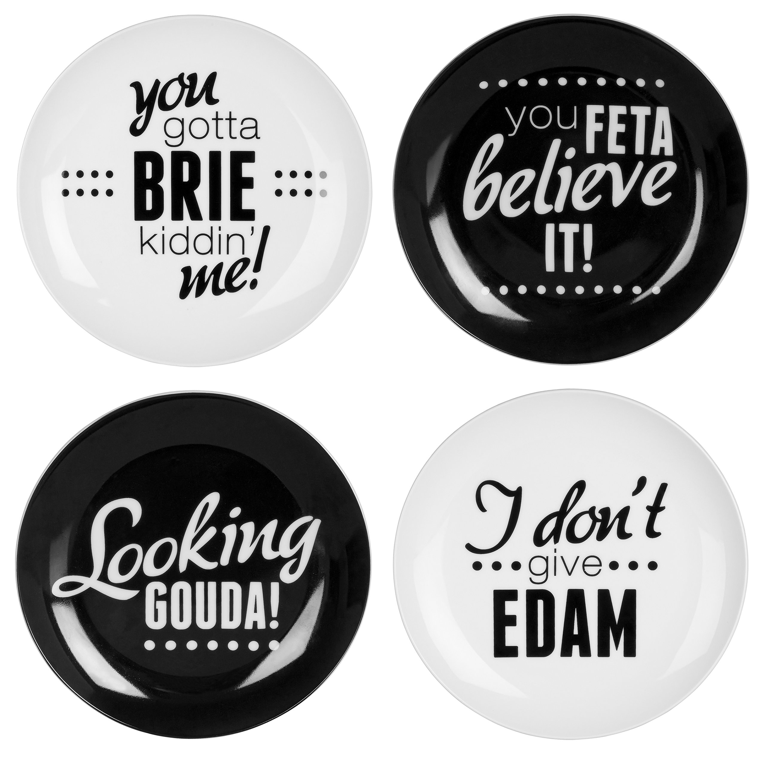 Premier Housewares Pun and Games Cheese Plates, White/Black, Set of 4