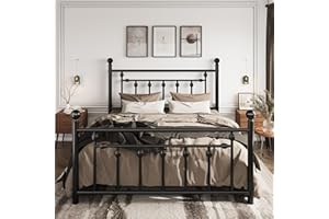SHA CERLIN 14'' Queen Size Metal Platform Bed Frame/Victorian Headboard and Footboard/Steel Slats Mattress Foundation for Storage/No Box Spring Needed/Noise Free/Black