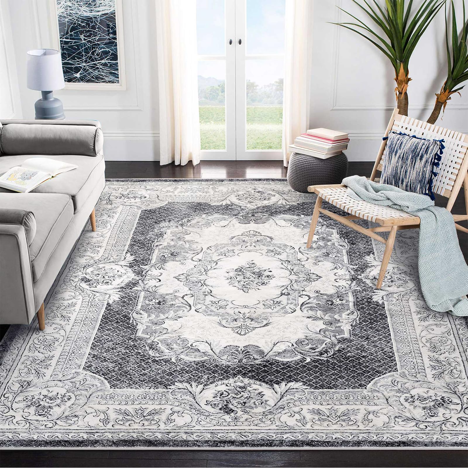 Area Rugs Modern Style Rug Artistic Traditional Unique Carpet Soft Short Pile Living Room Carpets Anti Slip Floor Mat Large for Hallway Bedroom (Grey white, 160 x 200 cm)