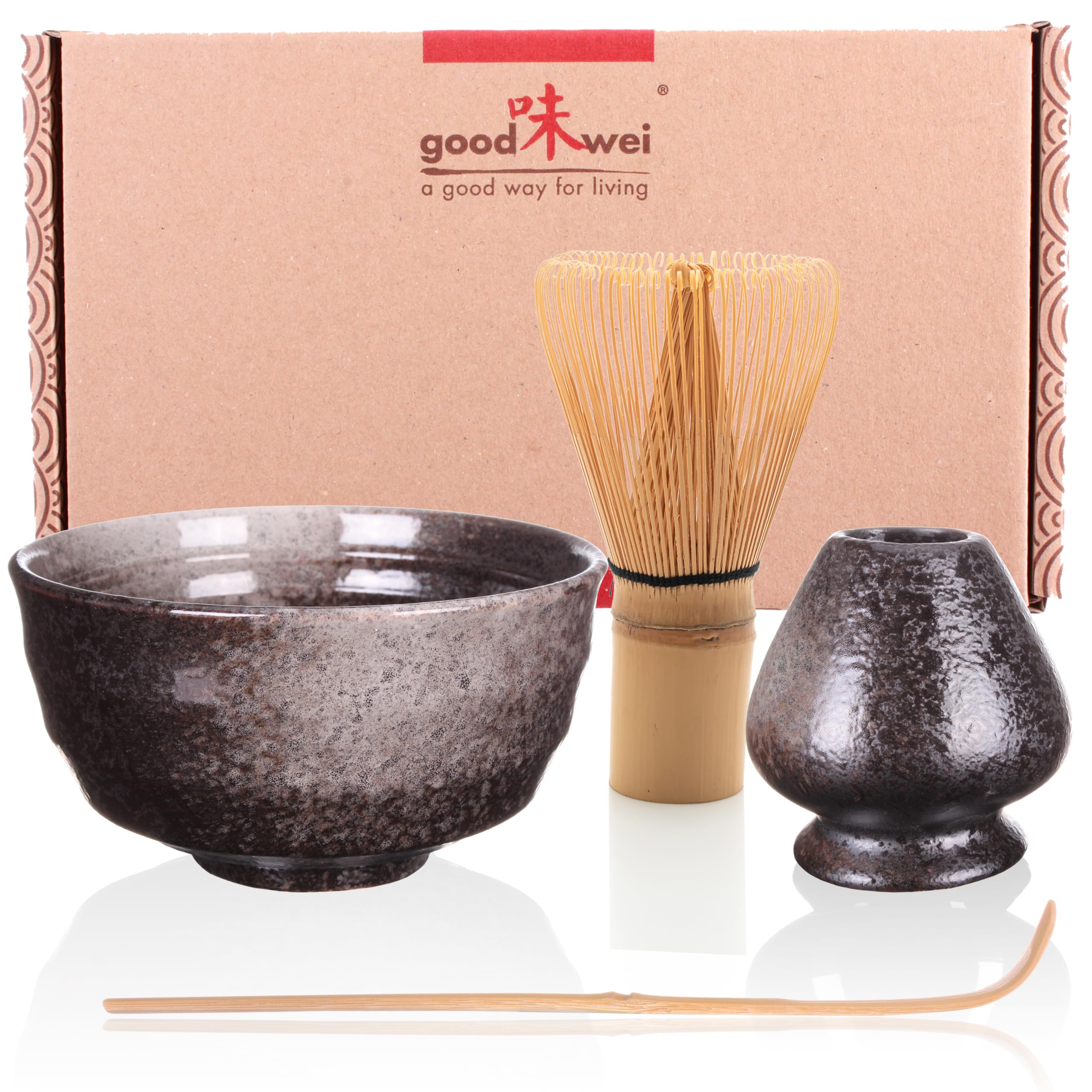 Goodwei Matcha Set with Ceramic Matcha Bowl (6 fl.oz) and Whisk Holder | Bamboo Whisk and Spoon| Matcha Gift Set Box (Goma) — image 1