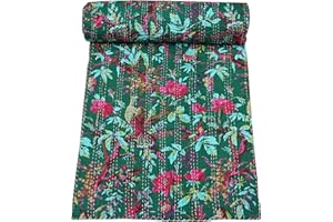 Marubhumi Indian Handmade Stitched Pure Cotton Bohemian Bird Print Kantha Quilt (Green, Twin (60"x 90"))