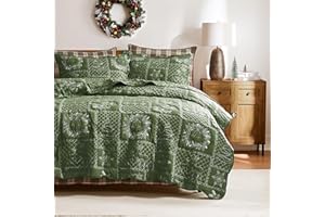 WDCOZY Christmas King Size Quilt Bedding Sets with 2 Shams, Green Patchwork Soft Lightweight Xmas Bedspread Coverlet with Tree Reindeer Snowflakes Pattern, Holiday Thin Comforter All Season, 3 Pieces