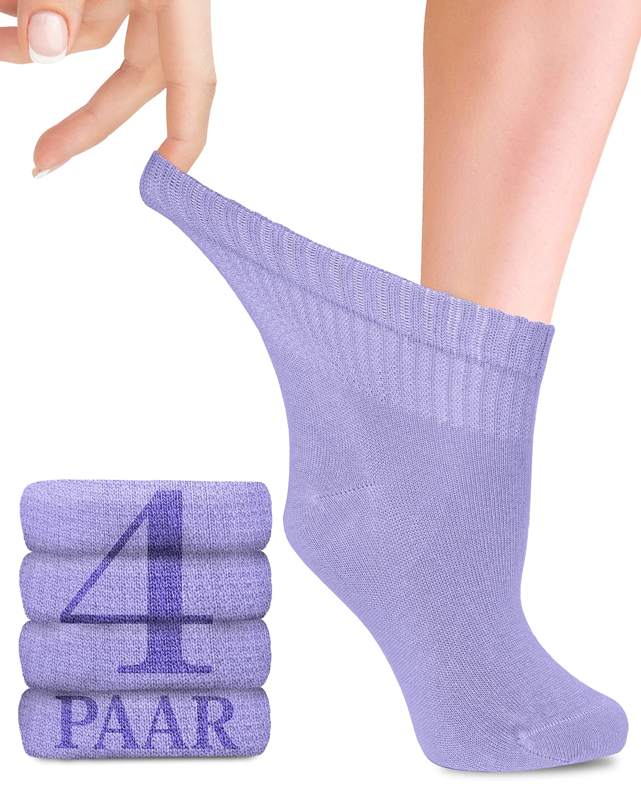 Diabetic Bamboo Lycra Socks for Women - Ankle High - Business & Leisure - Pregnant & Seniors - 4 Pairs, Aster, 35-38