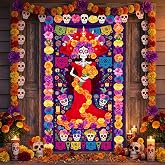 Yookeer Dia De Los Muertos Door Cover Decoration for Backdrop | Day of The Dead Decor Set, Door Banner with Flower Garland Skull Cutouts, 35x78'' Mexican Fiesta Backdrop for Wall Porch